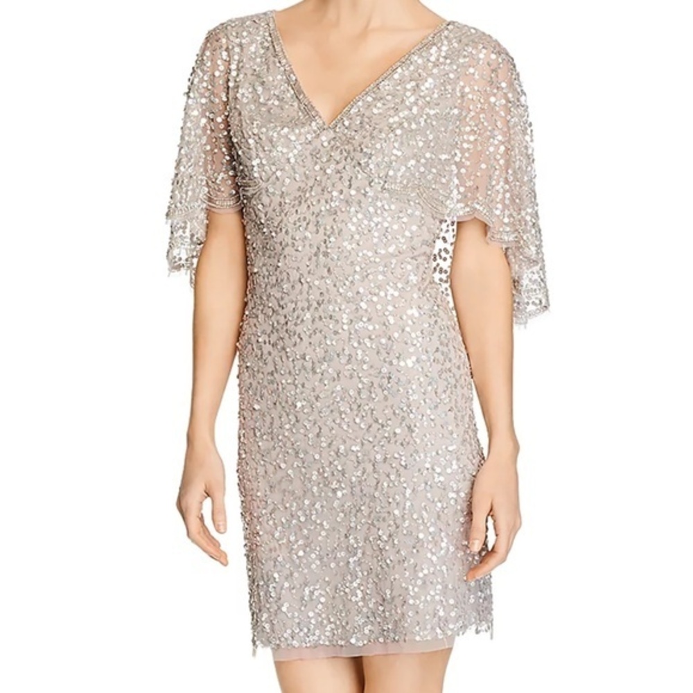 Adrianna Papell.‎ Beaded Short Cape-Sleeve Dress.